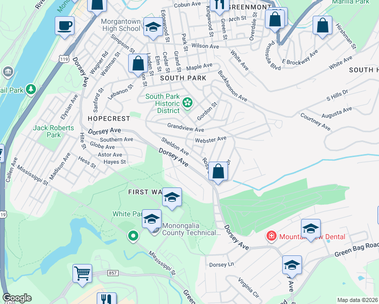 map of restaurants, bars, coffee shops, grocery stores, and more near 312 Ross Street in Morgantown
