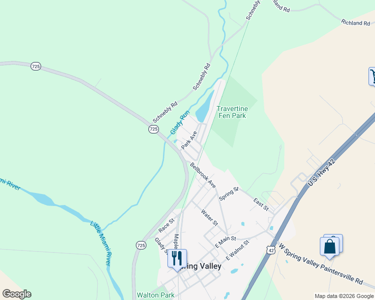 map of restaurants, bars, coffee shops, grocery stores, and more near 1830 Ohio 725 in Spring Valley