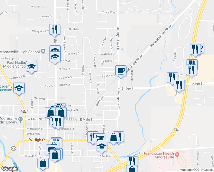 map of restaurants, bars, coffee shops, grocery stores, and more near 211 Wheeler Street in Mooresville