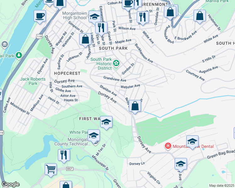 map of restaurants, bars, coffee shops, grocery stores, and more near 1029 Ross Street in Morgantown