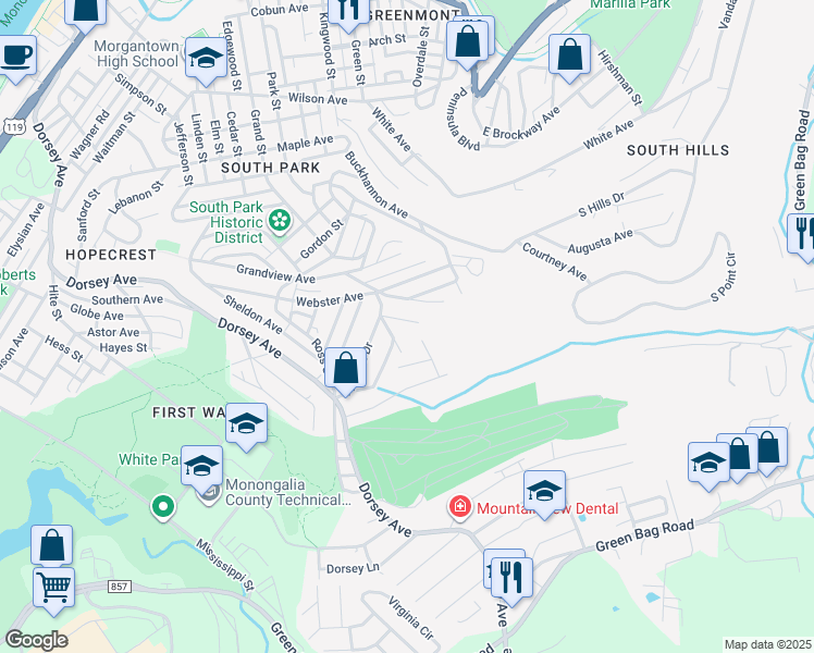 map of restaurants, bars, coffee shops, grocery stores, and more near 212 Doris Road in Morgantown