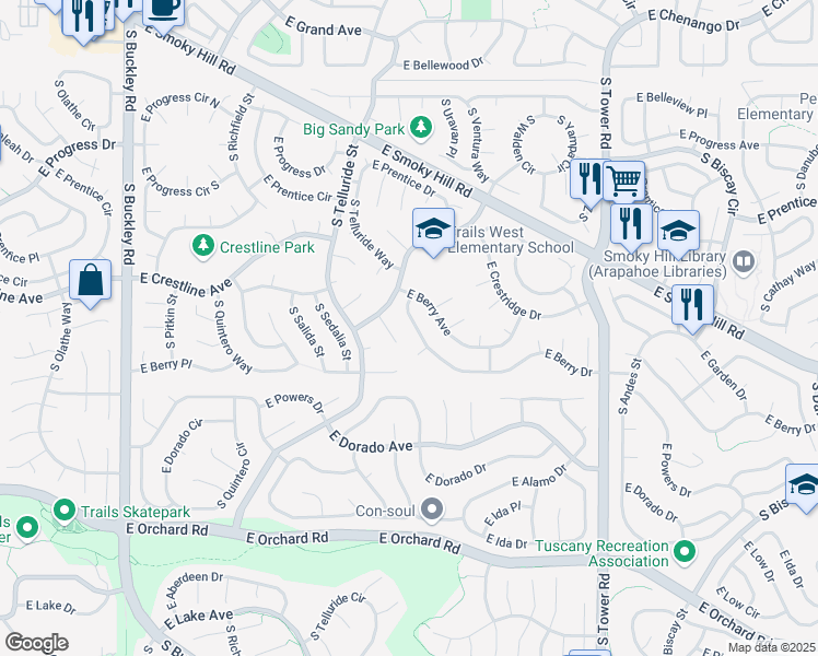 map of restaurants, bars, coffee shops, grocery stores, and more near 17876 East Berry Drive in Centennial