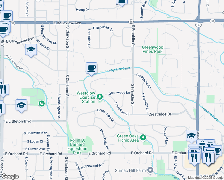 map of restaurants, bars, coffee shops, grocery stores, and more near 1423 Greenwood Lane in Greenwood Village
