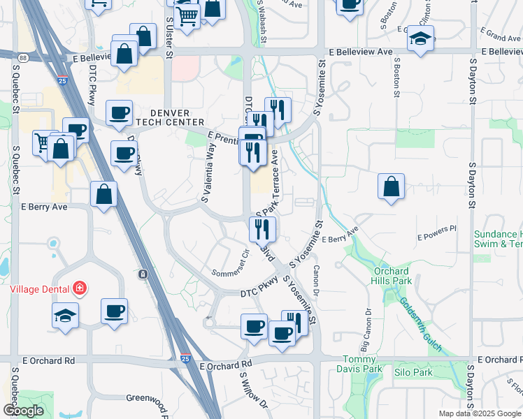 map of restaurants, bars, coffee shops, grocery stores, and more near 5401 South Park Terrace Avenue in Greenwood Village
