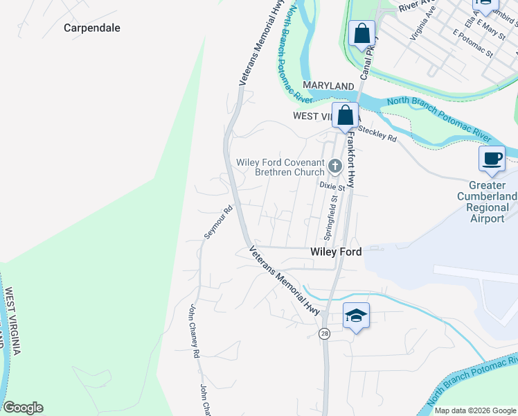 map of restaurants, bars, coffee shops, grocery stores, and more near 82 Kingbaum Street in Wiley Ford
