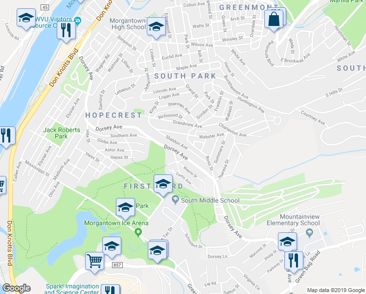 map of restaurants, bars, coffee shops, grocery stores, and more near 1060 Sheldon Avenue in Morgantown