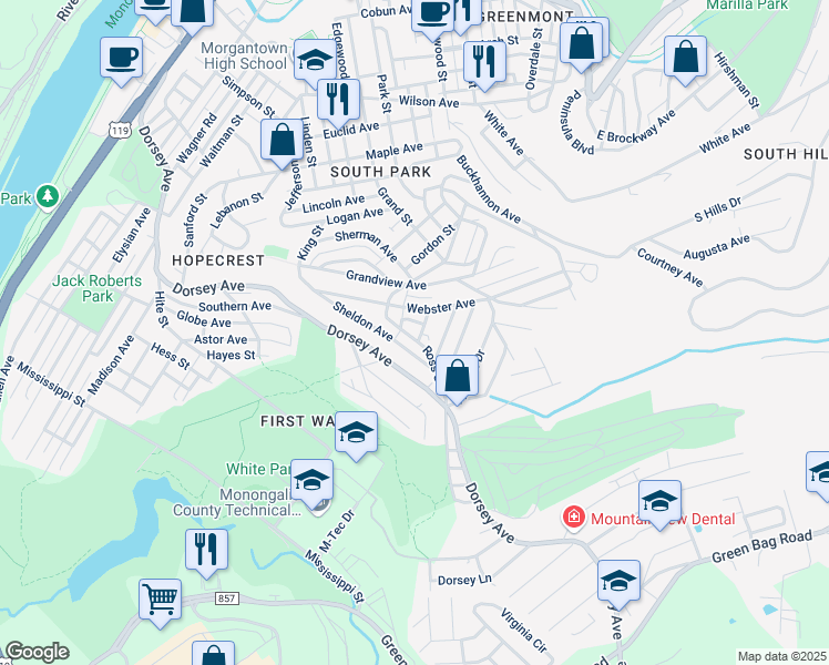 map of restaurants, bars, coffee shops, grocery stores, and more near 1029 Ross Street in Morgantown