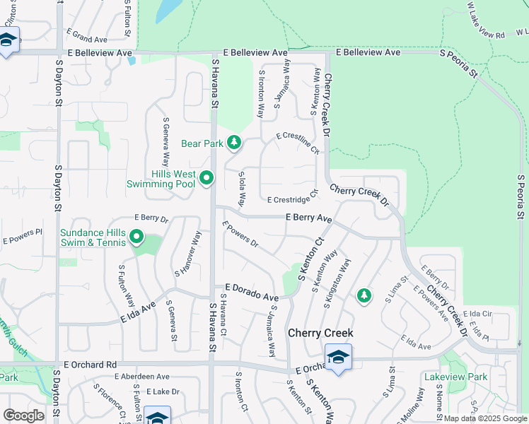 map of restaurants, bars, coffee shops, grocery stores, and more near 10855 East Berry Avenue in Englewood