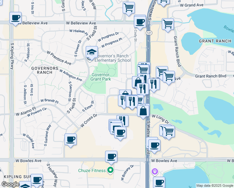 map of restaurants, bars, coffee shops, grocery stores, and more near 8700 West Berry Avenue in Littleton
