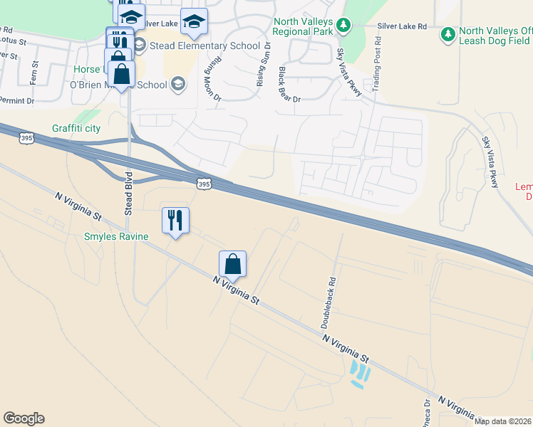 map of restaurants, bars, coffee shops, grocery stores, and more near 71 Webb Circle in Reno