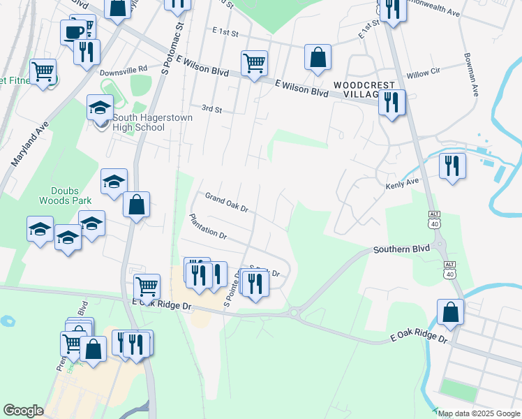 map of restaurants, bars, coffee shops, grocery stores, and more near 1222 South Pointe Drive in Hagerstown