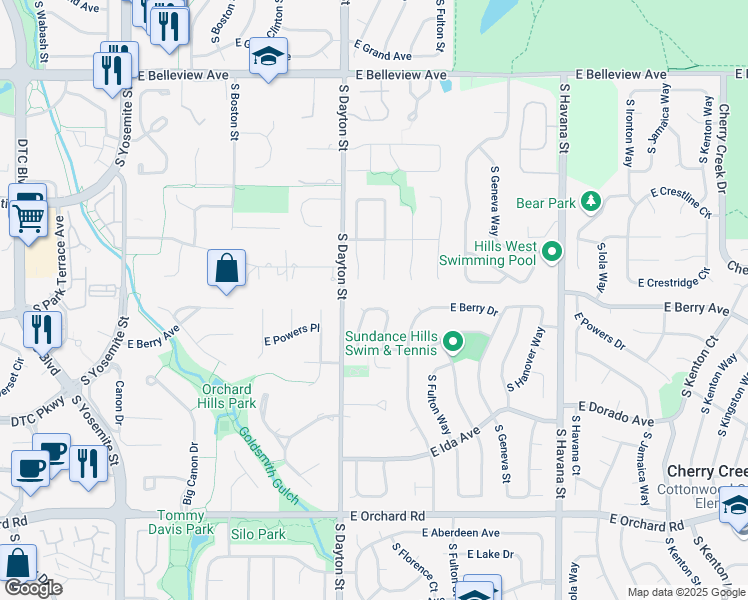 map of restaurants, bars, coffee shops, grocery stores, and more near in Greenwood Village