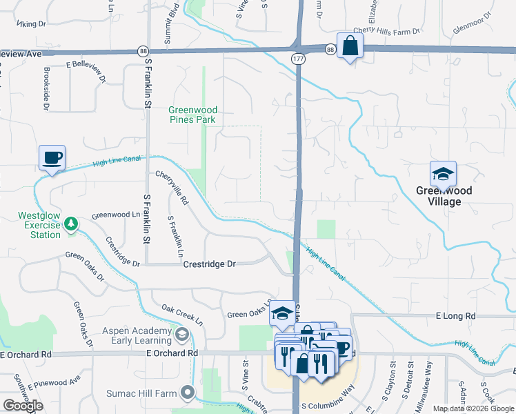 map of restaurants, bars, coffee shops, grocery stores, and more near 10 Cottonwood Lane in Greenwood Village