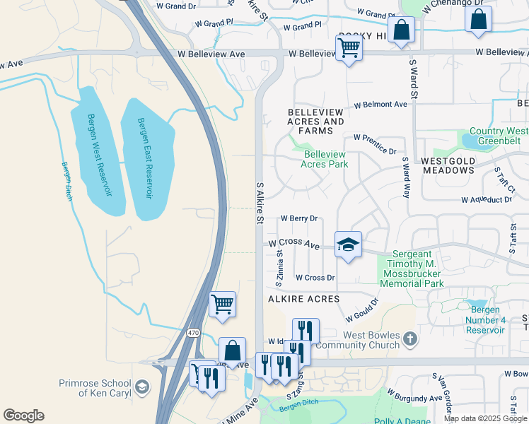 map of restaurants, bars, coffee shops, grocery stores, and more near 13199 W Berry Dr in Littleton