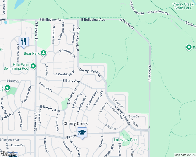 map of restaurants, bars, coffee shops, grocery stores, and more near 11427 East Berry Drive in Englewood