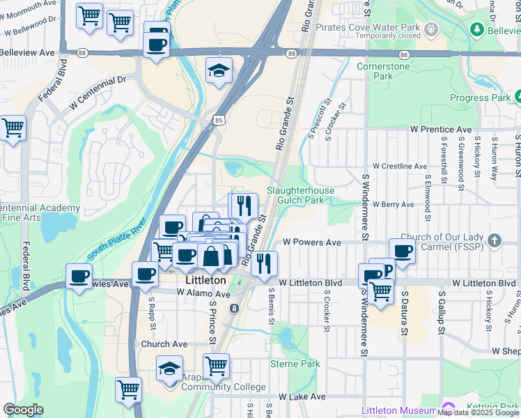map of restaurants, bars, coffee shops, grocery stores, and more near in Littleton
