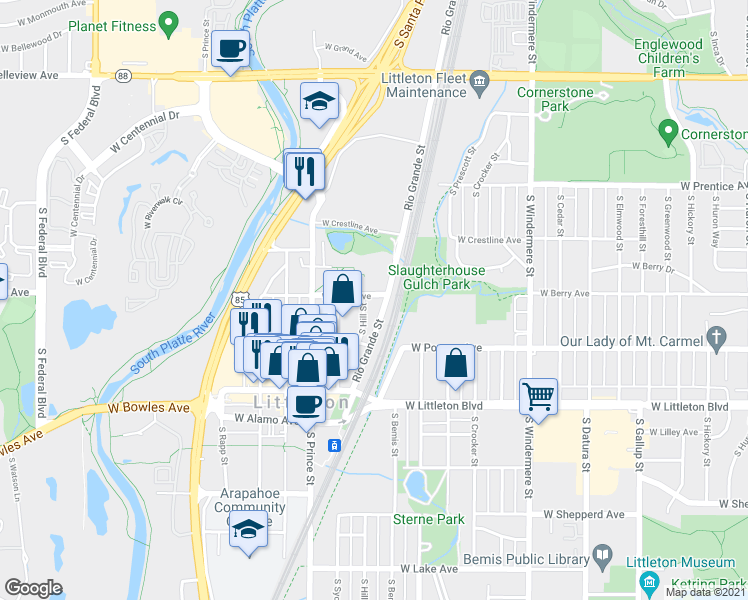 map of restaurants, bars, coffee shops, grocery stores, and more near in Littleton