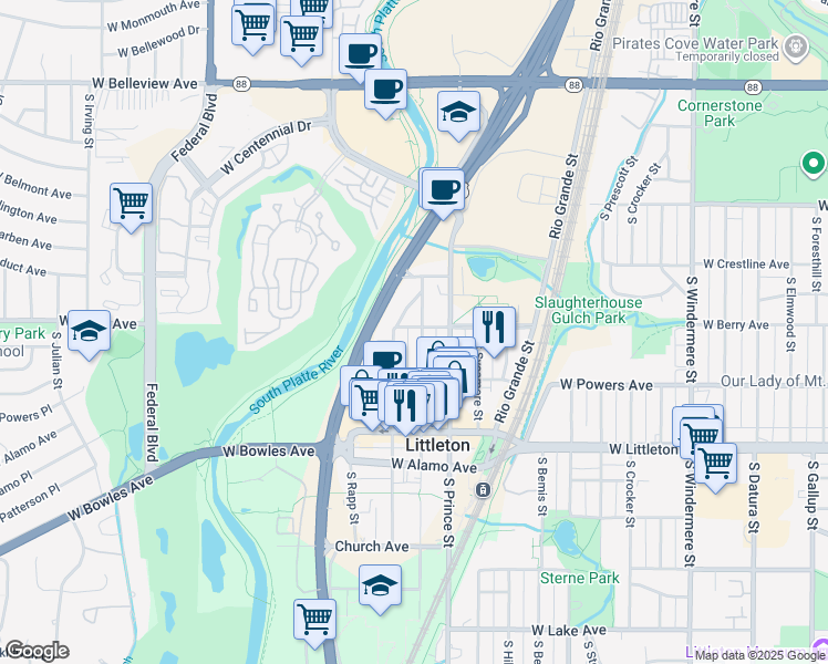 map of restaurants, bars, coffee shops, grocery stores, and more near 5520 South Curtice Street in Littleton