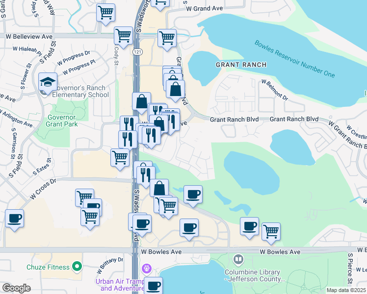 map of restaurants, bars, coffee shops, grocery stores, and more near 8000 West Crestline Avenue in Littleton