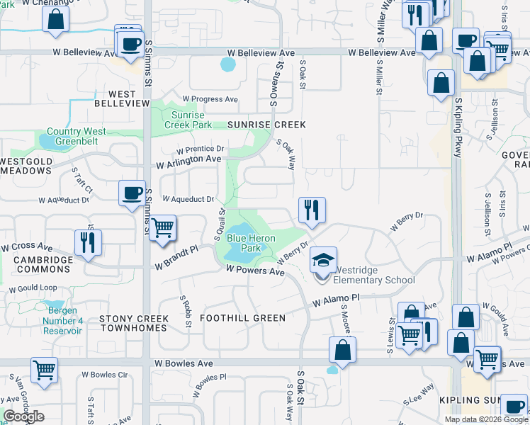 map of restaurants, bars, coffee shops, grocery stores, and more near 10793 West Berry Place in Littleton
