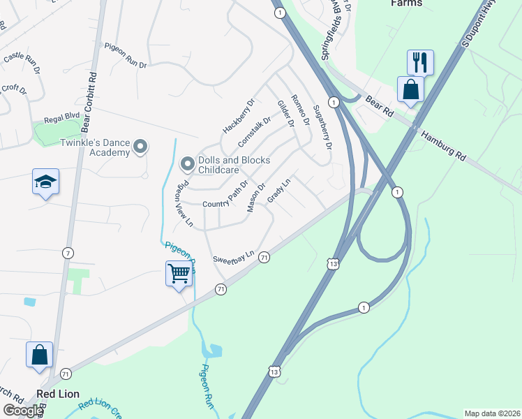 map of restaurants, bars, coffee shops, grocery stores, and more near 141 Sweetbay Lane in New Castle