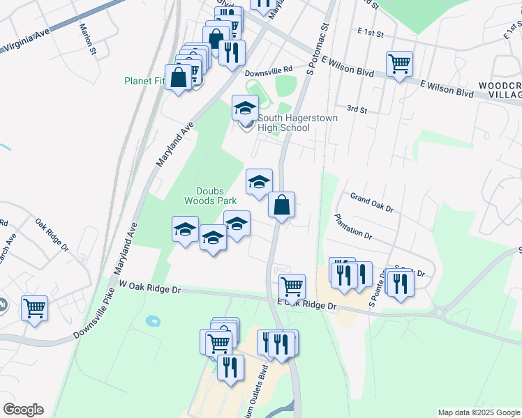 map of restaurants, bars, coffee shops, grocery stores, and more near 1221 South Potomac Street in Hagerstown