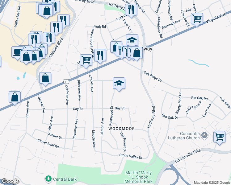 map of restaurants, bars, coffee shops, grocery stores, and more near 11025 Rosewood Drive in Hagerstown