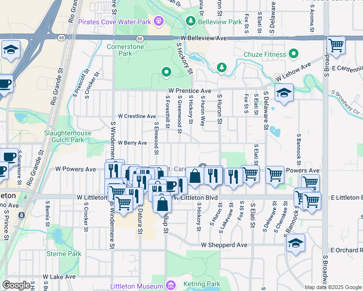 map of restaurants, bars, coffee shops, grocery stores, and more near 5528 South Foresthill Street in Littleton