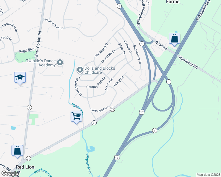 map of restaurants, bars, coffee shops, grocery stores, and more near 141 Sweetbay Lane in New Castle
