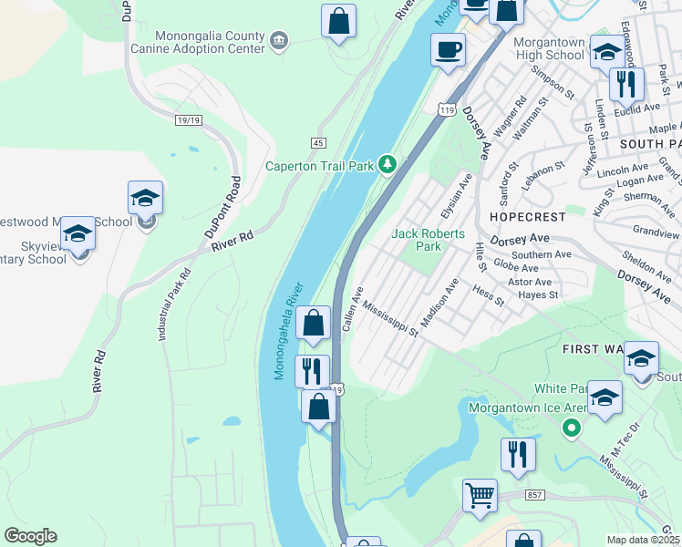 map of restaurants, bars, coffee shops, grocery stores, and more near 405 University Avenue in Morgantown