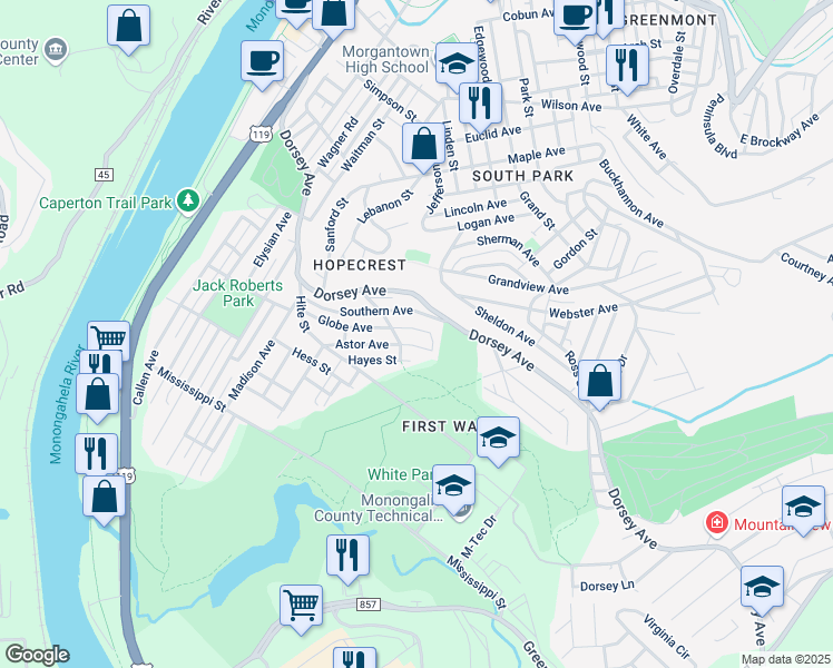 map of restaurants, bars, coffee shops, grocery stores, and more near 482-484 Hudson Street in Morgantown