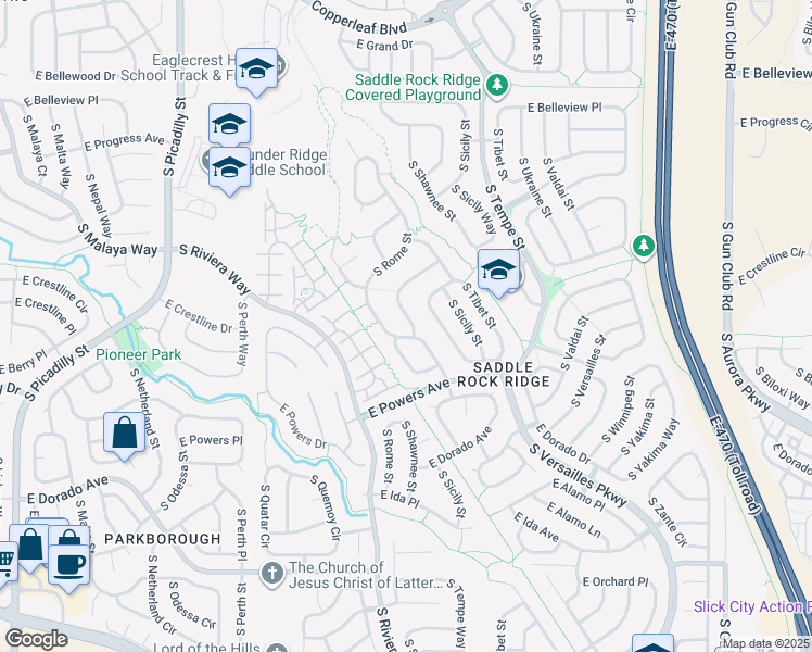 map of restaurants, bars, coffee shops, grocery stores, and more near 5479 South Shawnee Way in Aurora