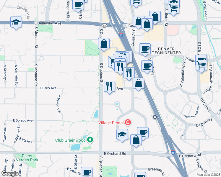 map of restaurants, bars, coffee shops, grocery stores, and more near 7426 East Berry Avenue in Greenwood Village