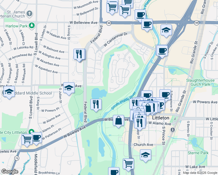 map of restaurants, bars, coffee shops, grocery stores, and more near 2947 West Riverwalk Circle in Littleton