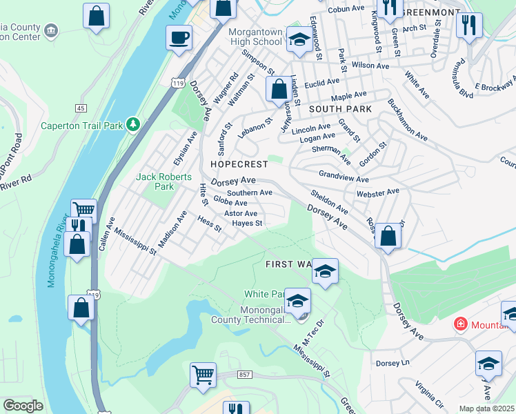 map of restaurants, bars, coffee shops, grocery stores, and more near 484 Hudson St in Morgantown