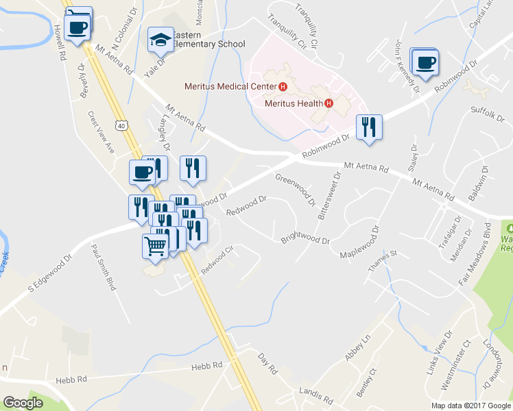 map of restaurants, bars, coffee shops, grocery stores, and more near 34 Redwood Drive in Hagerstown
