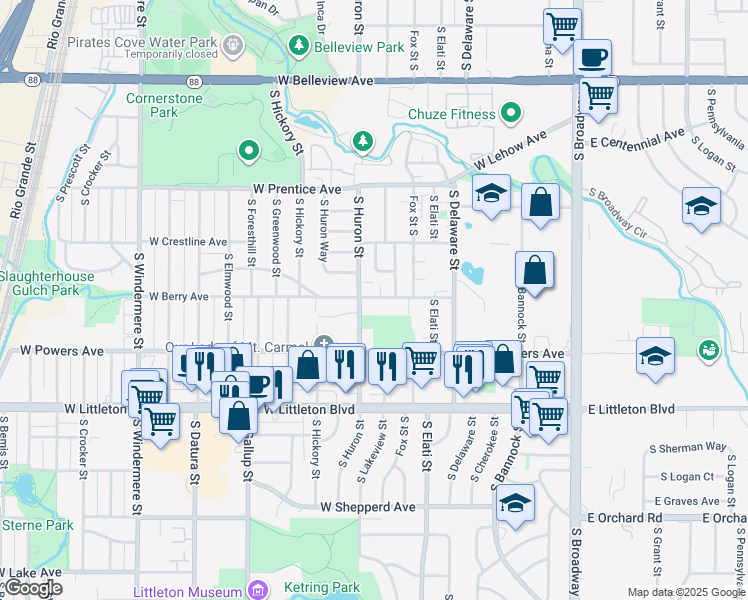 map of restaurants, bars, coffee shops, grocery stores, and more near 726 West Berry Avenue in Littleton