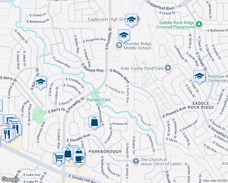 map of restaurants, bars, coffee shops, grocery stores, and more near 21517 East Crestline Lane in Centennial