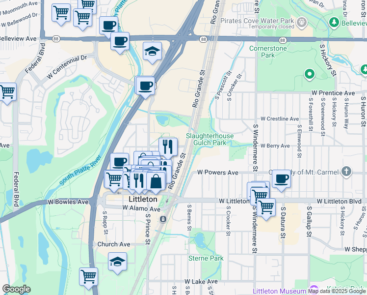 map of restaurants, bars, coffee shops, grocery stores, and more near in Littleton