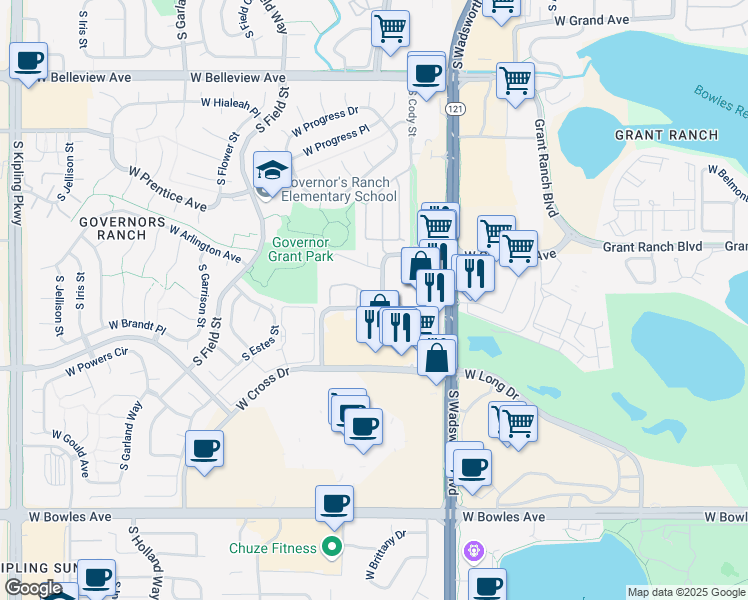 map of restaurants, bars, coffee shops, grocery stores, and more near 5435 South Dover Street in Denver