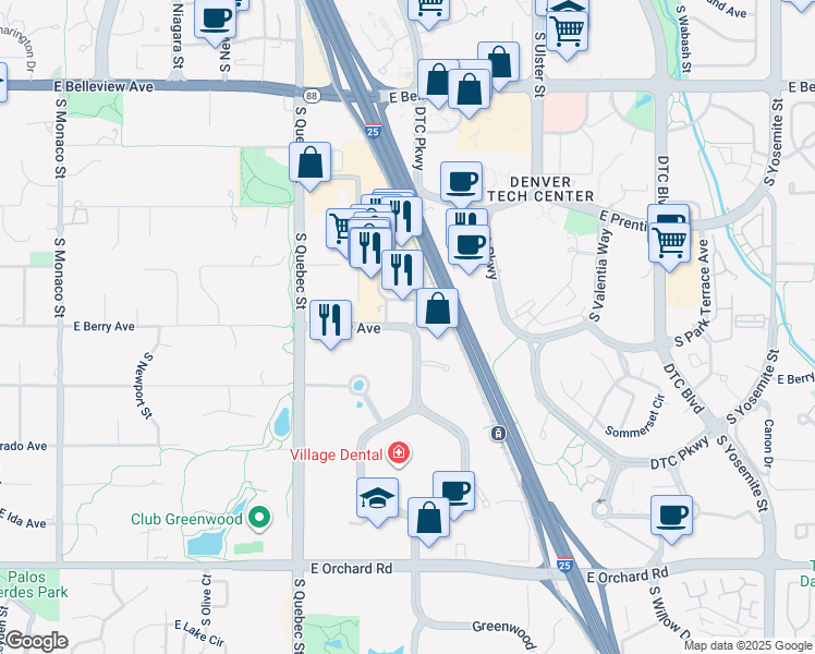 map of restaurants, bars, coffee shops, grocery stores, and more near 8200 East Berry Avenue in Greenwood Village