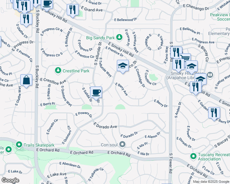 map of restaurants, bars, coffee shops, grocery stores, and more near 5532 South Telluride Court in Centennial