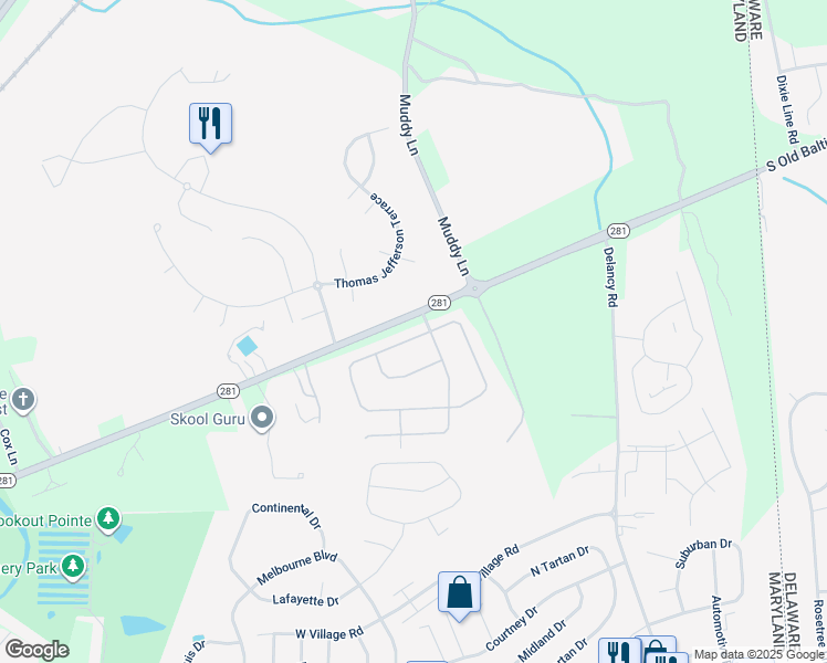 map of restaurants, bars, coffee shops, grocery stores, and more near 102 Independence Drive in Elkton