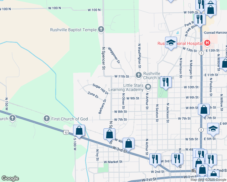 map of restaurants, bars, coffee shops, grocery stores, and more near 820 West 9th Street in Rushville