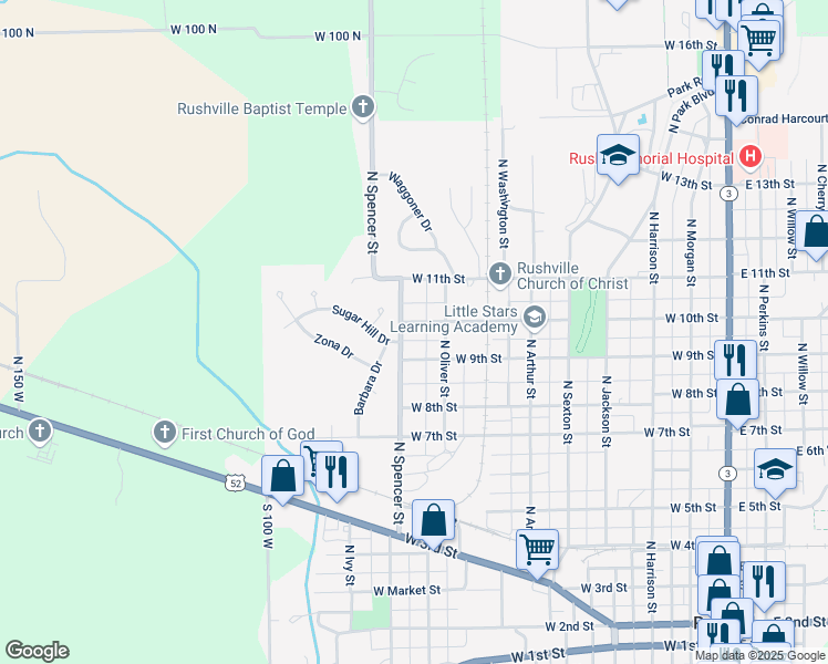 map of restaurants, bars, coffee shops, grocery stores, and more near 820 West 9th Street in Rushville