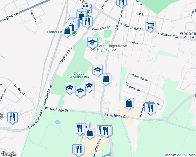 map of restaurants, bars, coffee shops, grocery stores, and more near 1221 South Potomac Street in Hagerstown