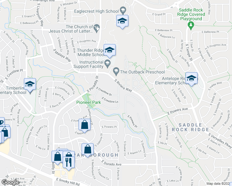 map of restaurants, bars, coffee shops, grocery stores, and more near 21658 East Crestline Drive in Centennial