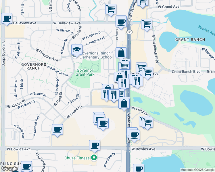 map of restaurants, bars, coffee shops, grocery stores, and more near 5435 South Dover Street in Denver