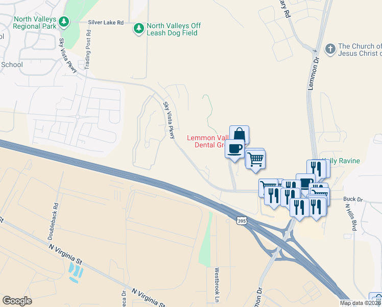 map of restaurants, bars, coffee shops, grocery stores, and more near Sky Vista Parkway in Reno