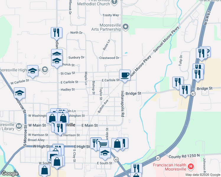 map of restaurants, bars, coffee shops, grocery stores, and more near 211 Wheeler Street in Mooresville